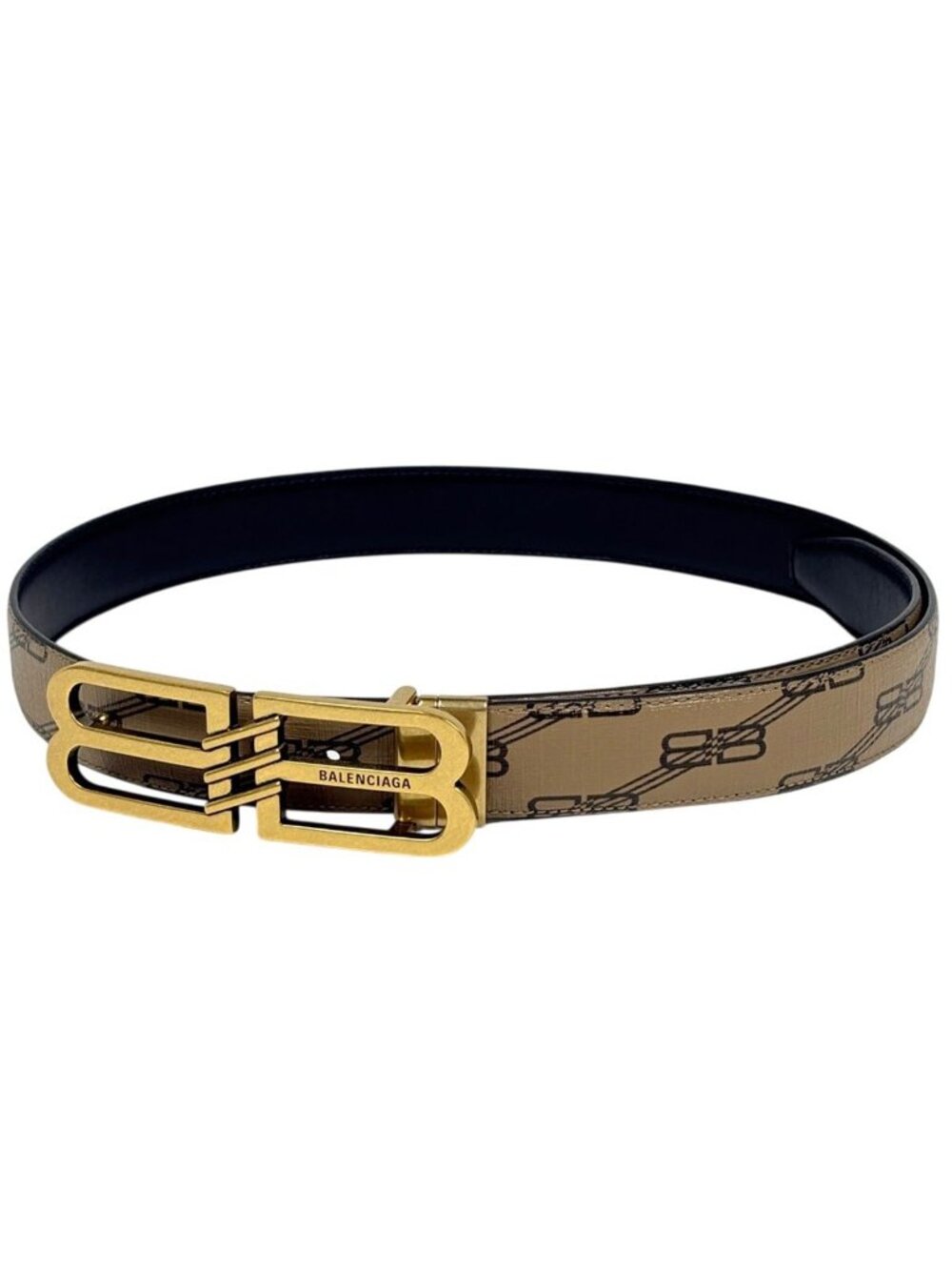 Balenciaga Logo Slim Belt Reversible Leather Beige